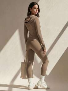 Anewsta New Tight-Fitting Hooded Yoga Jacket, High Stretch Naked Feeling Slim Fit Cardigan With Sleeve Cuffs - Khaki - View 3