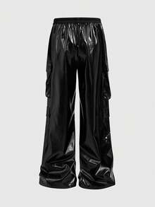 ROMWE MEN Street Life Men's Drawstring Waist Cargo Pocket Wide Leg Loose Shiny Sweatpants - Black - View 9