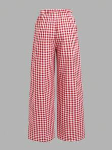 SHEIN Tween Girls Casual Homewear Fitted Lace Trim Collar Cherry Print Camisole And Plaid Loose Pants Set - Red and White - View 8