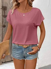 Breezaya 女士纯色圆领蝙蝠袖短袖镂空露背休闲T恤 - 紅色 - 查看 2