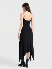 Breakform Đầm nữ phong cách Gothic gợi cảm khoét rỗng hình ngôi sao năm cánh, dây đeo có thể điều chỉnh, vạt áo bất đối xứng, ôm sát. - màu đen - Xem 2