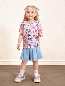 HELLO KITTY AND FRIENDS | SHEIN 女童夏季休闲猫咪印花圆领短袖T恤 - 彩色 - 查看 8