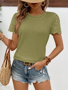 SHEIN Frenchy 女士针织提花面料拼接刺绣荷叶边袖子，透气舒适的华夫格面料夏季休闲T恤 - 綠色 - 查看 5