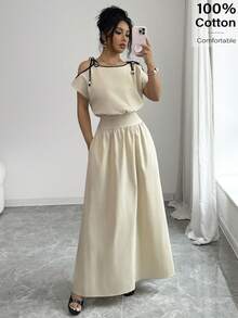 Siren Gaze Summer Outfits For Women Women's Contrast Trim Knot Pocket Casual Long Dress - Apricot - View 5