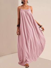 Slaydiva Plus Size Solid Color Spaghetti Strap Square Neck Loose Long Dress, Summer Dresses - Pink - View 7