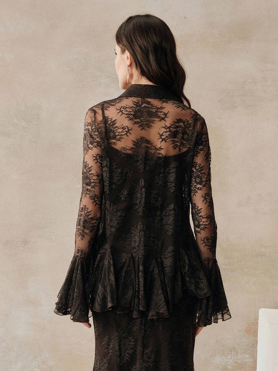 Anewsta Elegant Lace Patchwork Sheer Flare Sleeve Shirt , Graceful Office Lady, Suitable For Valentine's Day
