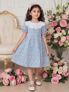 Elladie kids 1件女童蓝色提花织纹面料白色刺绣领泡泡袖开襟束腰休闲度假百搭甜美公主裙，适合上学、生日派对等场合 - 藍色 - 查看 5