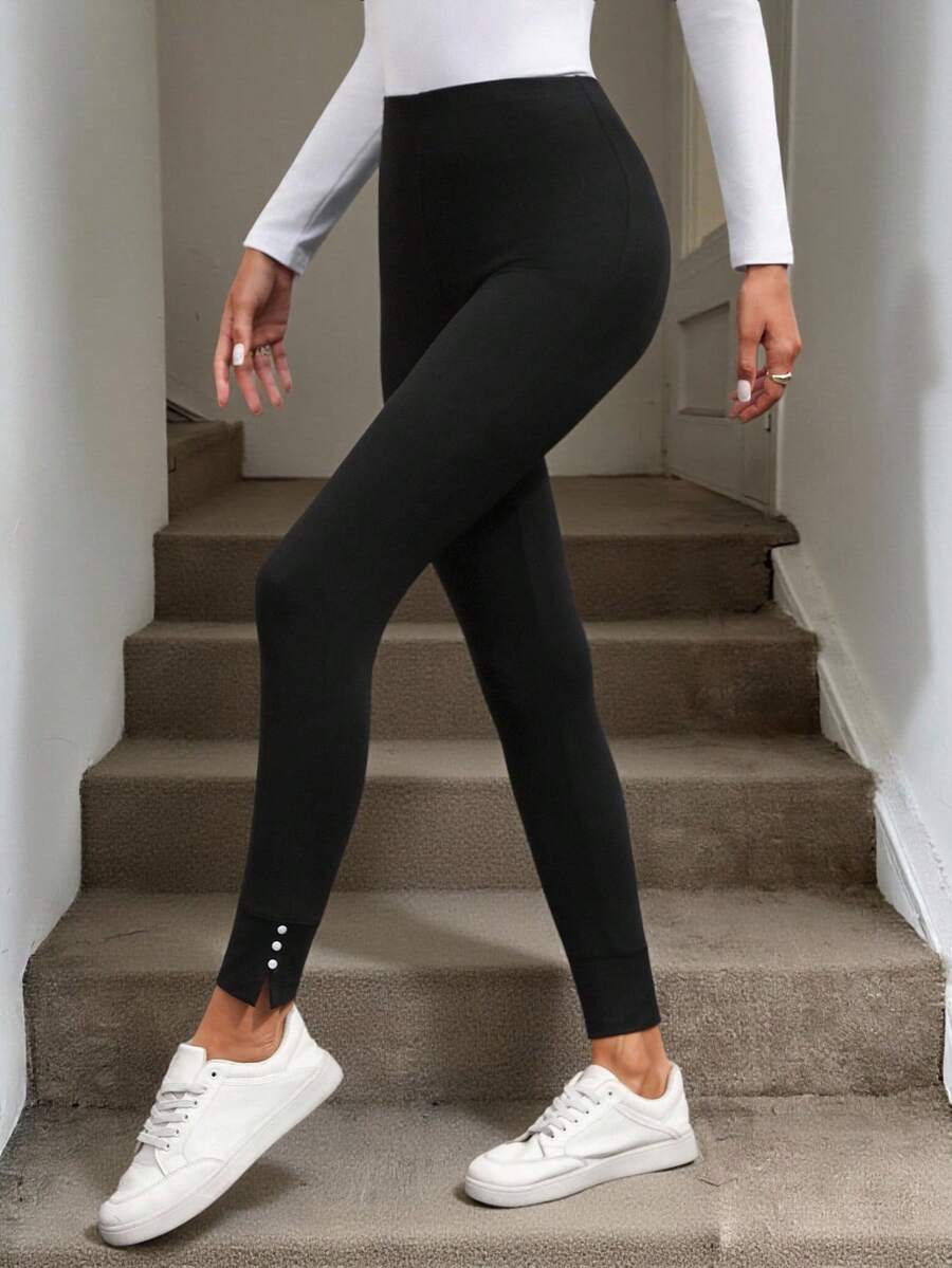 Easowa Quần legging cạp chun màu trơn thường ngày cho nữ - màu đen - Xem 1