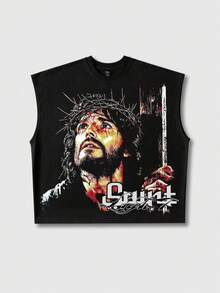 ROMWE MEN Men's Casual Loose Fit Figure Print Tank Top, Summer - Black - View 1