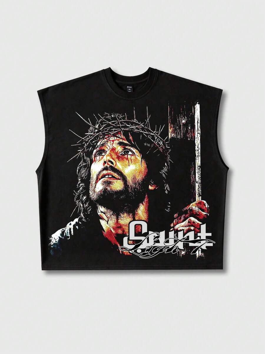 ROMWE MEN Men's Casual Loose Fit Figure Print Tank Top, Summer - Black - View 1