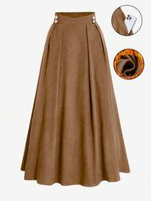 Franclia Plus Size Women High Waist Flared Skirt, Elegant Commuter, Date, Casual, Versatile, Decorated With Gold/Coffee Buttons Brown Long Skirt Brown Midi Skirt Brown Pleated Skirt Warm Brown Skirt Long Brown Skirt Brown Elegant Skirt Western Skirt Earthy Skirt Women Brown Maxi Skirt - Khaki - View 1