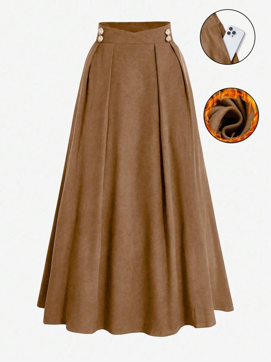Franclia Plus Size Women High Waist Flared Skirt, Elegant Commuter, Date, Casual, Versatile, Decorated With Gold/Coffee Buttons Brown Long Skirt Brown Midi Skirt Brown Pleated Skirt Warm Brown Skirt Long Brown Skirt Brown Elegant Skirt Western Skirt Earthy Skirt Women Brown Maxi Skirt - Khaki - View 1