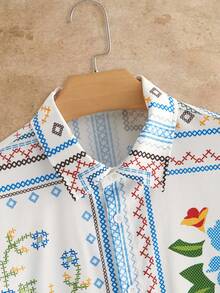 HIMLAND 男士休闲印花拼接短袖宽松衬衫，夏季度假风 - 彩色 - 查看 8