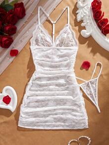 2pcs Sexy Romantic Rhinestone Backless Ruffle Lace Nightgown And G-String Set Wedding - White - View 7