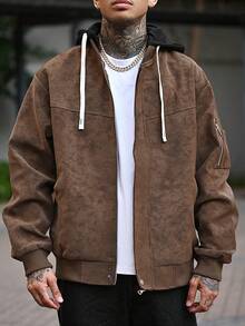 Devon Thys 男士长袖宽松摩托车皮夹克，带帽，秋冬新款 - 咖啡棕 - 查看 6