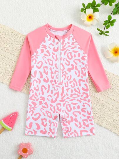 SHEIN 婴儿泳衣/粉色豹纹/针织面料/连体拉链泳衣/女童/时尚休闲优雅，适合游泳、度假、夏季