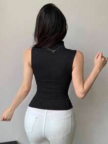 Women's Cotton Slim Fit Mandarin Collar Casual Camisole - Black - View 4