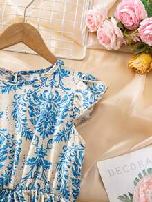 Vestido de manga corta con cintura ceñida y estampado floral retro para niña preadolescente - Celeste - Ver 4