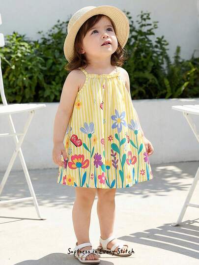 Cozy Pixies Baby Girl Floral Print Spaghetti Strap Dress, Versatile & Comfortable Sunshine Dress Baby Vibrant Flower Baby Dress Yellow Floral Baby Dress Yellow Floral Toddler Dress