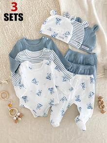 6件套新生儿婴儿套装，可爱卡通熊条纹印花，包含连体衣、连身裤、裤子和帽子，婴儿服装套装 - 藍色 - 查看 1
