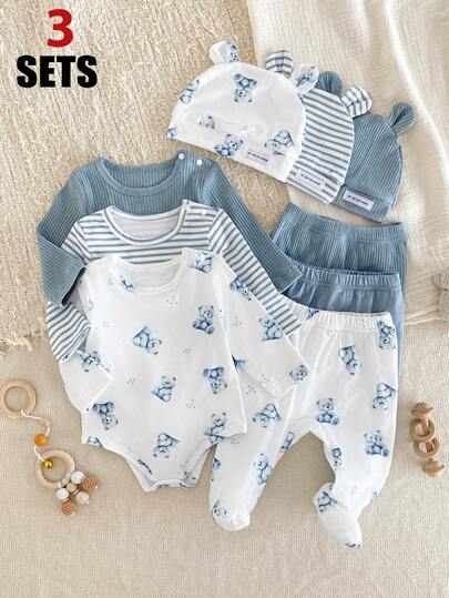 Set de 6 piezas de ropa para bebé recién nacido, con diseños lindos de osos de dibujos animados y estampados a rayas, incluye pelele, mono, pantalones y gorro, conjunto de ropa para bebé