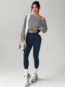 Dewbera Bộ 3 món dành cho nữ: Áo thun dài tay dáng ngắn màu trơn, áo ngực không đường may và quần legging. - Xám - Xem 3