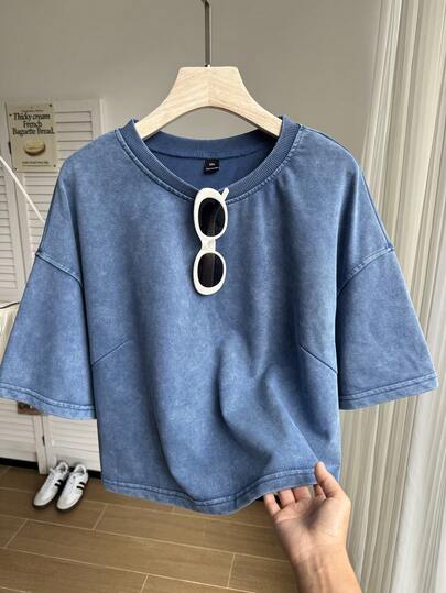 SHEIN EZwear 大码水洗棉雪花短袖T恤，海军蓝，春季