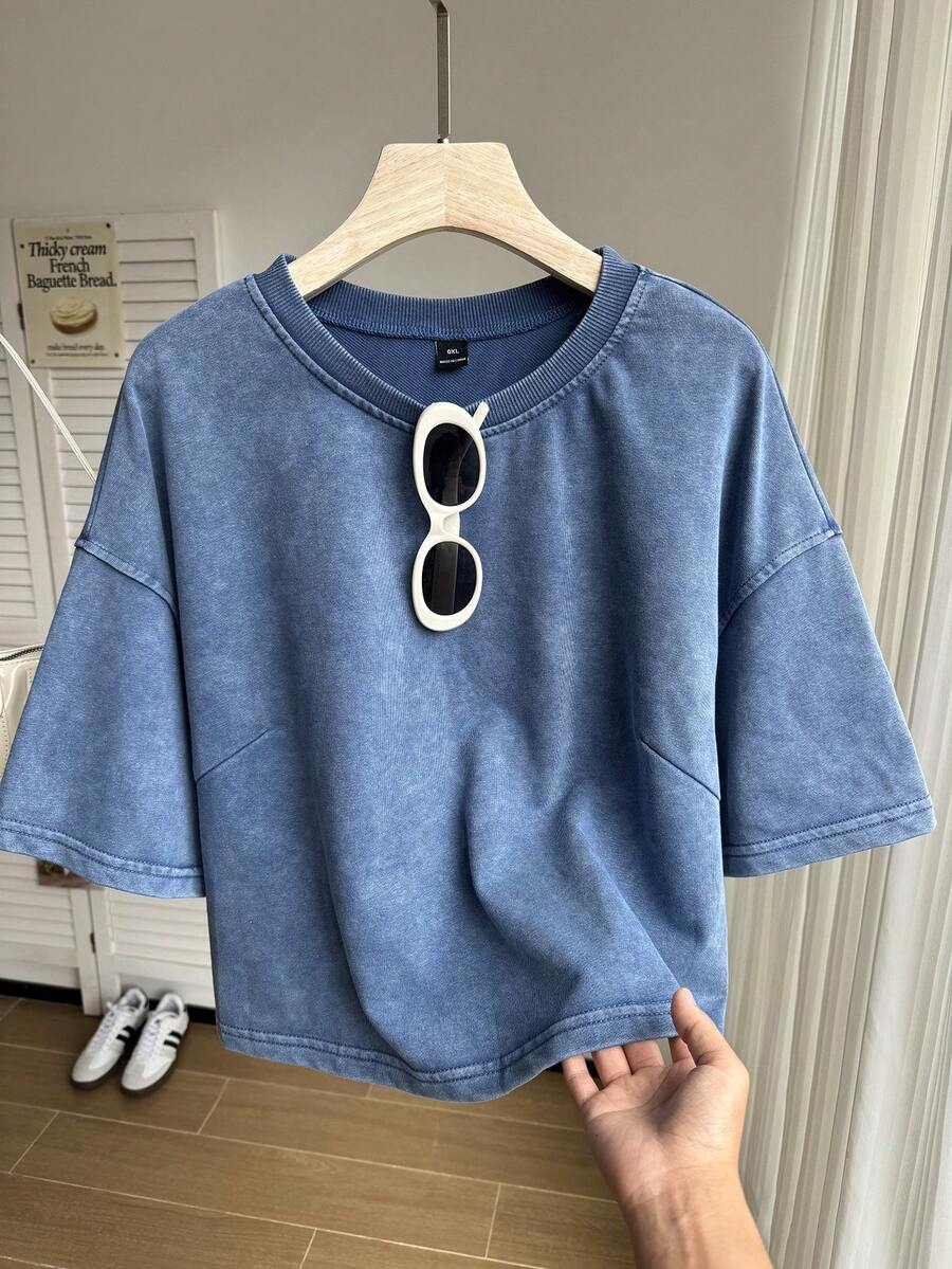 SHEIN EZwear 大码水洗棉雪花短袖T恤，海军蓝，春季 - 藏蓝色 - 查看 1