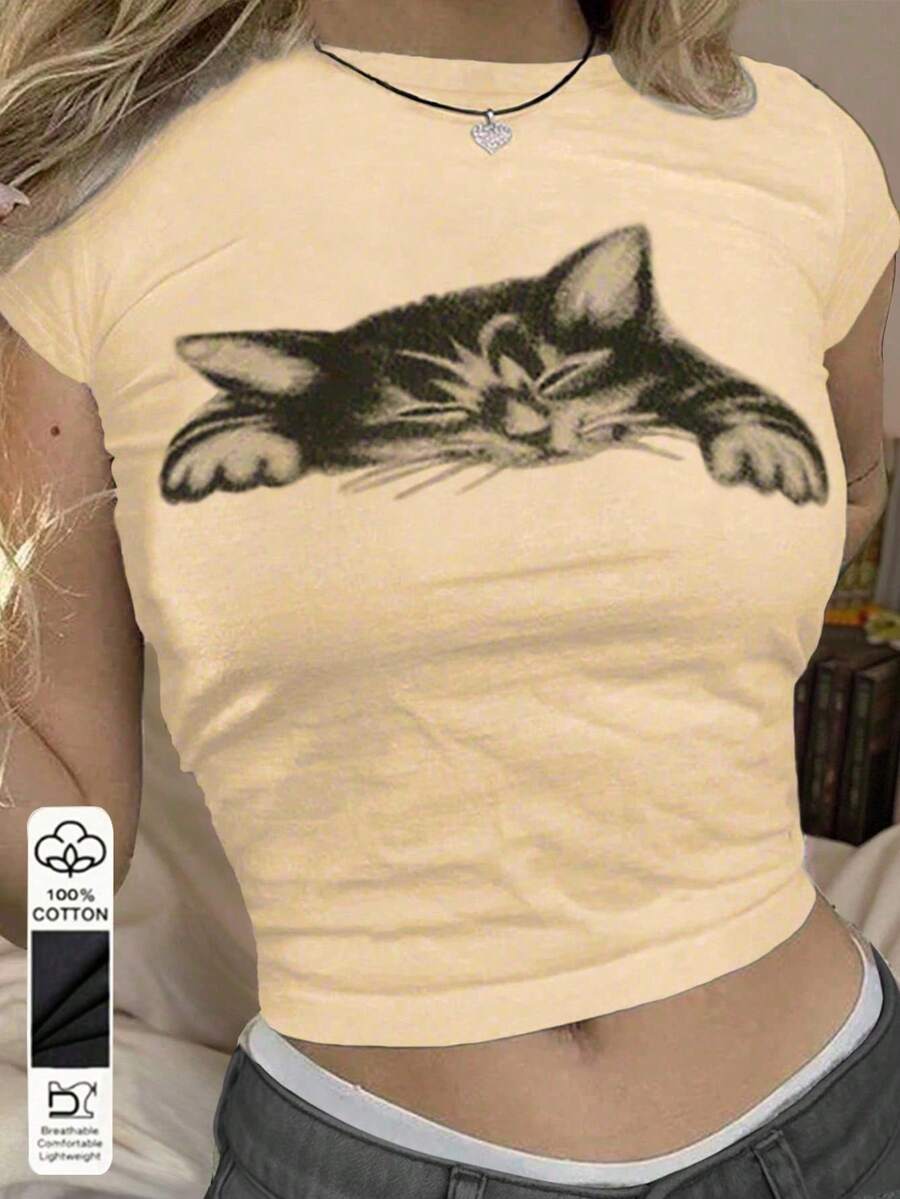 SHEIN LUNE 100% Cotton Fitted Women's Cat Print Round Neck Short Sleeve T-Shirt - Multicolor - View 1