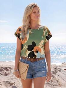 Sylviya Blusa casual da donna con motivo floreale, scollo rotondo e maniche corte, adatta per l'autunno e l'estate, ideale per uscire, camicetta elegante per donne, vacanza - Multicolore - Visualizzare 5