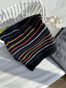 Comfortcana 大码休闲撞色条纹针织背心 - 黑色 - 查看 5