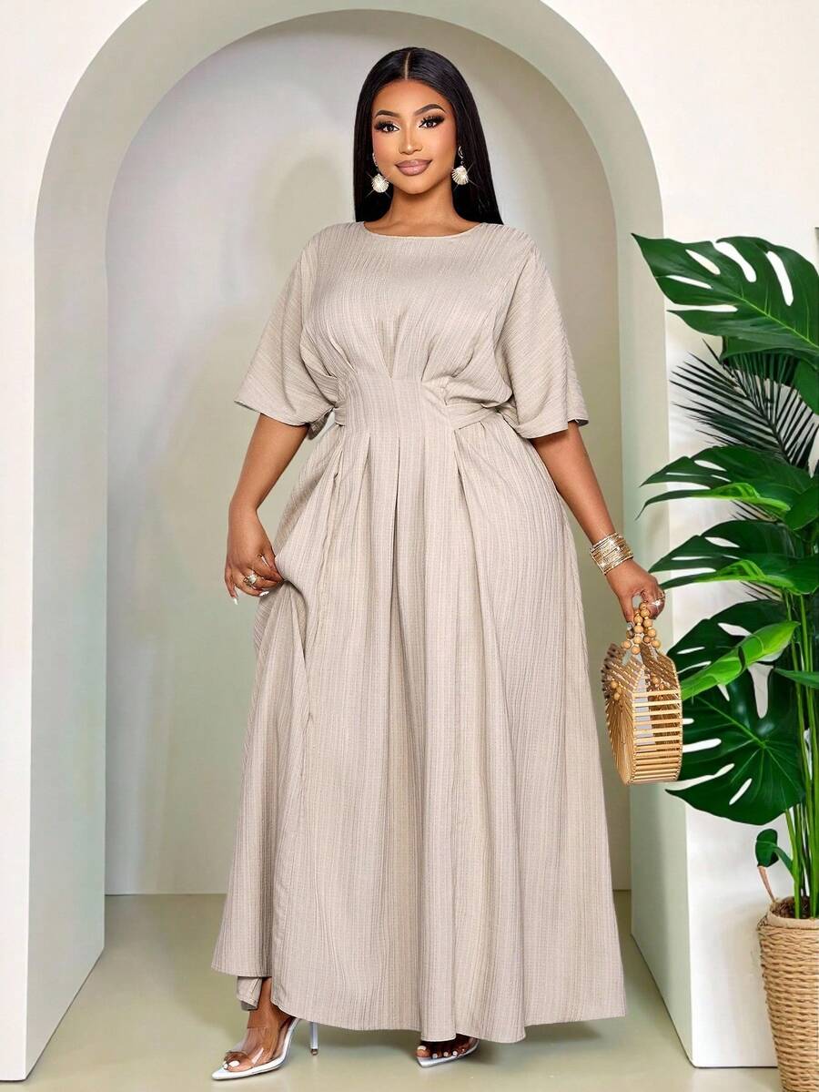 SOLERSUN Plus Size Women Summer Casual Vacation Style Batwing Sleeve Pleated Waist Tie Back Dress - Grey - View 1