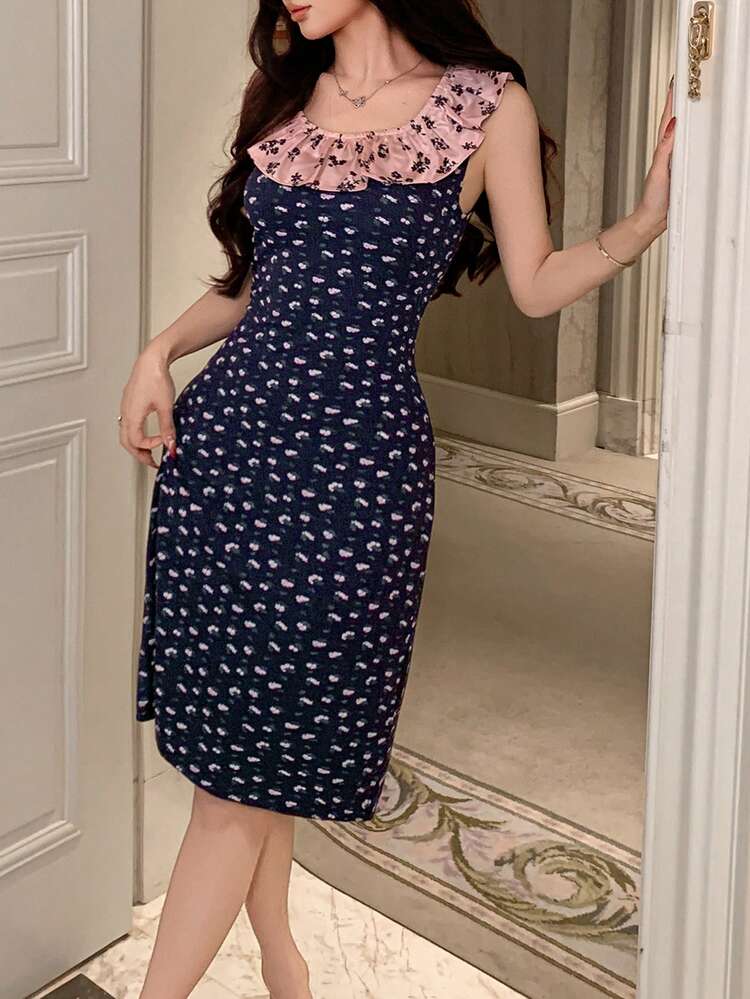 Ditsy Floral Contrast Color Ruffle Collar Waist Cinched Sleeveless Women Nightgown