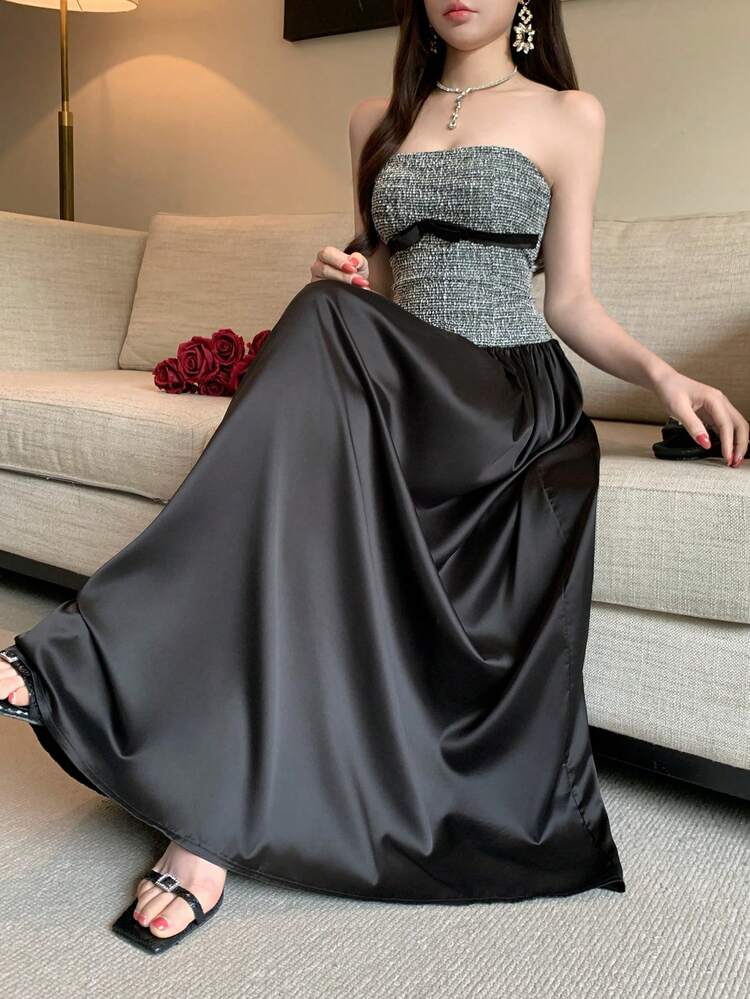 Black Plaid 2 In 1 Patchwork Satin Bustier Dress With Bow Decor, Suitable For Valentine's Day, Wedding, Party, Prom Summer Sundress