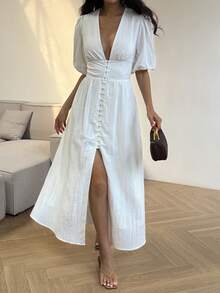 DAZY 女士纯色深V领优雅收腰中长派对连衣裙，情人节女士吊带裙 - 白色 - 查看 5