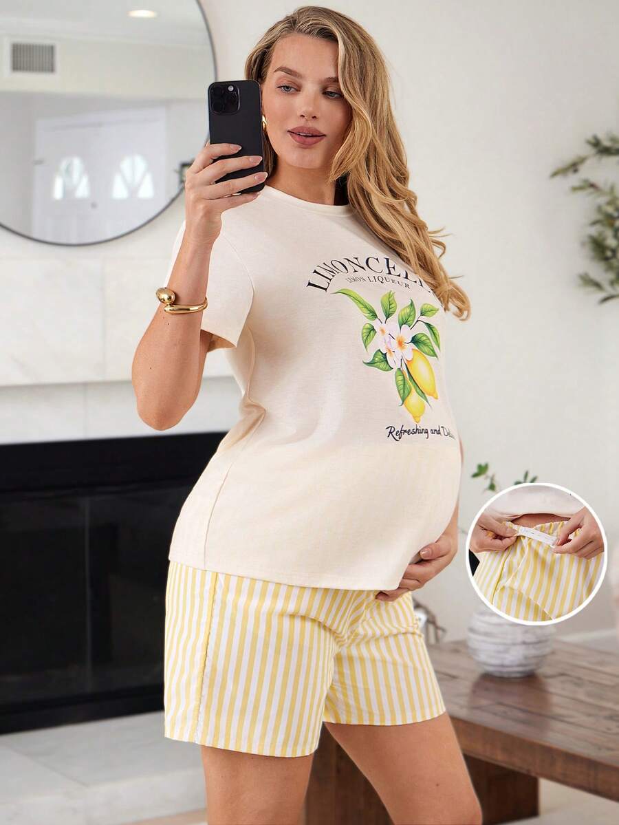 SHEIN 两件套孕妇休闲柠檬印花T恤和条纹短裤套装 - 彩色 - 查看 1