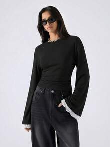 LYSMO 2026新款极简春夏女式圆领落肩长袖撞色蕾丝时尚T恤，黑色喇叭袖上衣 - 黑色 - 查看 3