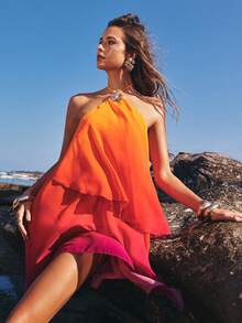 Opulessa 女士印花露背吊带荷叶边迷你连衣裙，夏季度假款 - 彩色 - 查看 6