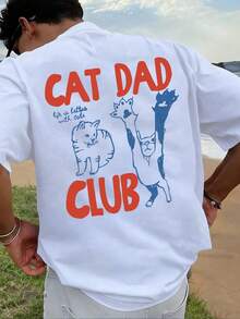Manfinity Dauomo 男士猫爸T恤，猫爸T恤，猫爸俱乐部T恤，背面设计趣味猫咪图案T恤，爱猫人士，新款猫爸T恤，宠物家长，休闲宽松印花T恤，舒适透气日常穿着 - 白色 - 查看 2