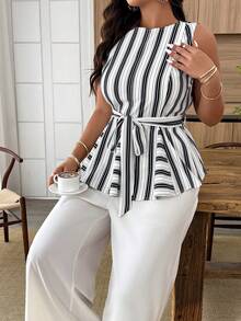 Weeklong 大码女式条纹撞色腰带休闲家居服及户外两件套，春夏款 - 彩色 - 查看 5