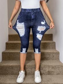 SHEIN LUNE Black 7-Point Leggings With Cutout Details For Women, Stretchy High-Waisted Leggings, Suitable For Sports, Casual And Fashion Wear Denim Capris For Women Ripped Women Jeans Capri Pants Set Curve Capris Jean 2 Piece Set - Blue - View 5