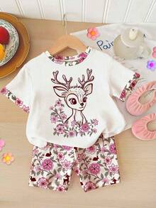 SHEIN 女婴休闲圆领短袖T恤和紧身打底裤套装，春夏款 - 彩色 - 查看 1