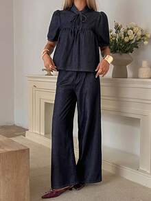 Livesso Spring & Summer Loose Casual Raw Denim Shirt And Wide Leg Jeans Set, Women's Old Money Luxury Denim Outfit - Blue - View 2