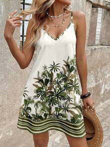 Sylviya Vestido corto casual de mujer con estampado de árbol de coco, adecuado para primavera/verano, vacaciones - Multicolor - Ver 6