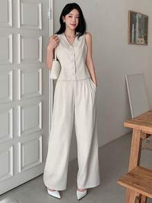 DAZY 女士V领无袖上衣和裤子两件套 - 米色 - 查看 5