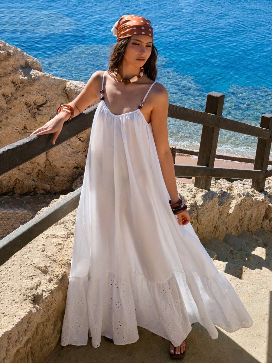 EURMUSE Embroidered Broderie Detalied Maxi Dress , High Quality Fabric, Limited Edition Collection, Summer Look - White - View 1