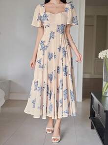 DAZY Women's Elegant Floral Print Square Neck Ruffle Sleeve Midi Dress, Summer Wedding Guest Dress - Blue - View 6