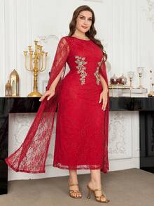 Modelyn Vestido de noche/vestido formal de encaje rojo con mangas de chal, elegante y entallado para tallas grandes - Burdeos - Ver 5