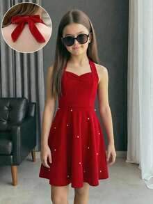 SHEIN Tween Girls Elegant Halter Neck Bow Knit Beaded Red Dress, Casual & Chic Summer Dress - Red - View 3