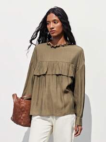 Maija Women's Casual Solid Color Ruffle Tie Front Blouse, Vacation,Spring/ Summer Tie Up Blouse - Army Green - View 6